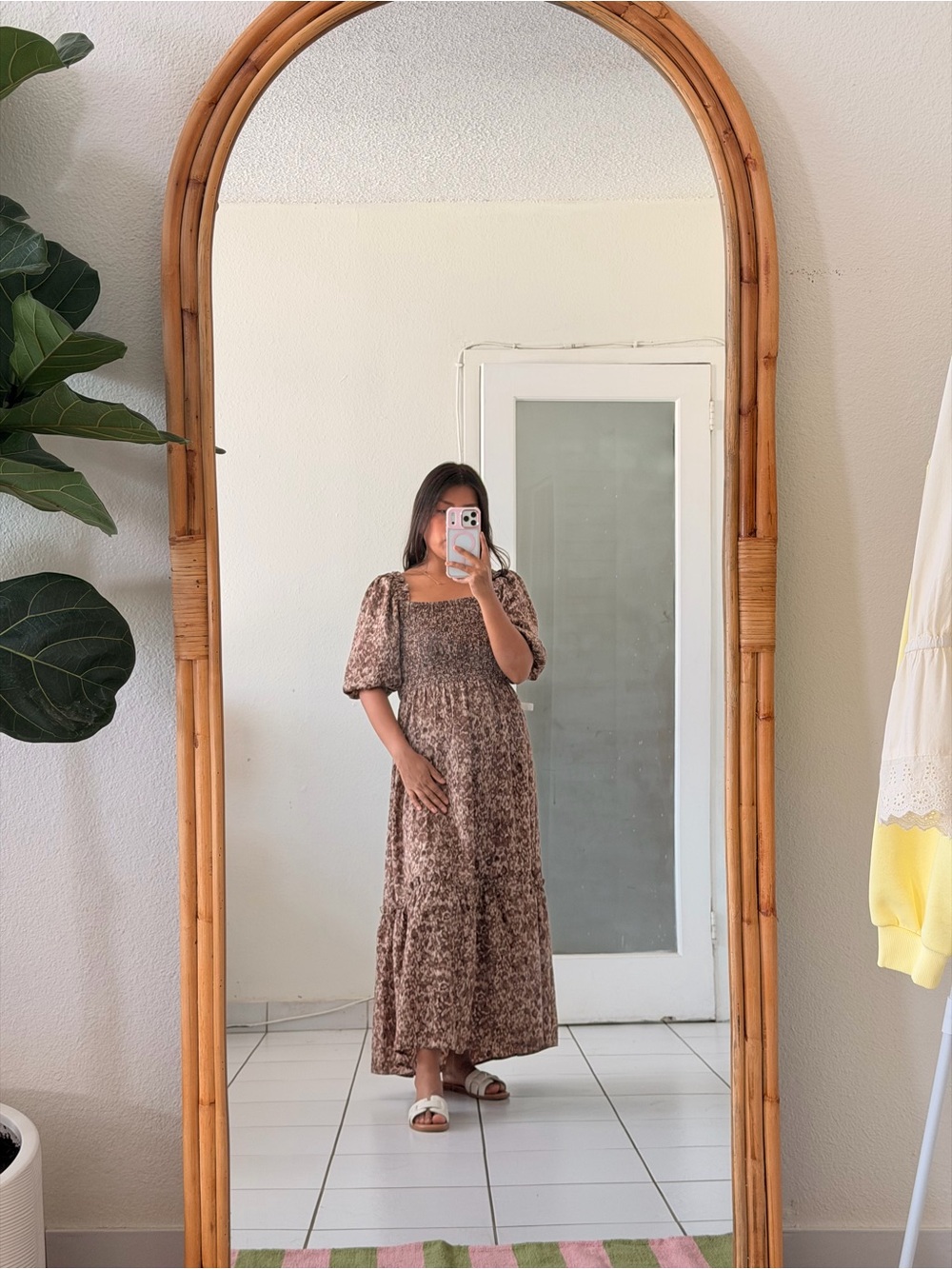 Moon River Brown Floral Maxi Dress with Puff Sleeves